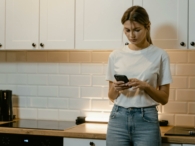 vrouw bellen keuken aanrecht smartphone